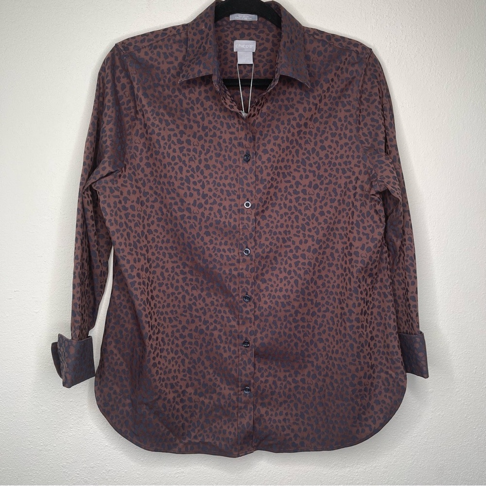 Chicos Animal Jacquard No Iron Long Sleeve Black Brown Button Up Shirt Women's 1